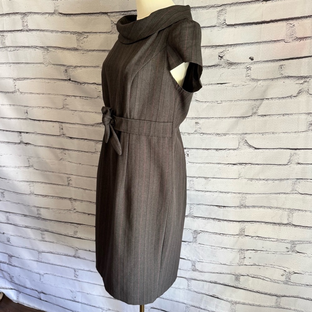 Karin Stevens Gray Pinstripe Sheath Dress Tie Waist Career Office Size 14 - Picture 3 of 16